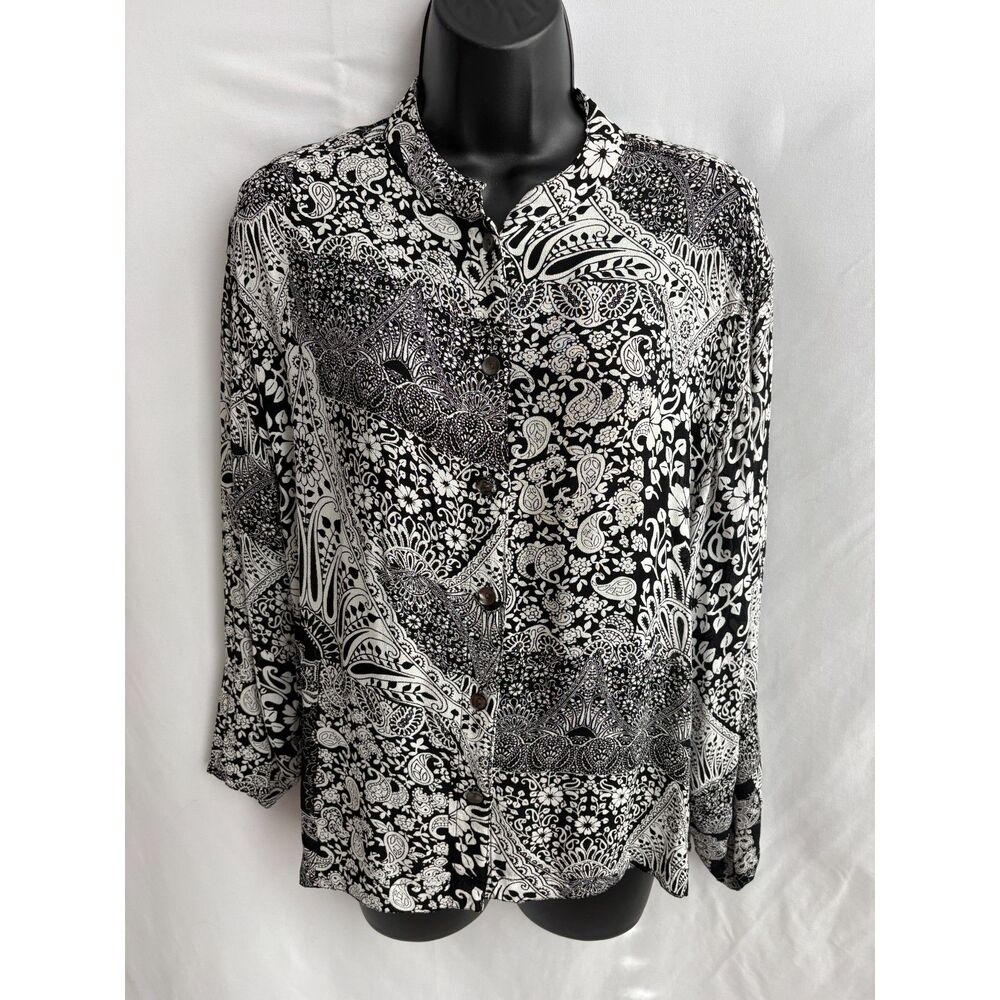Chico's Designs Paisley Black White Button Down Shirt Size L Floral Old School